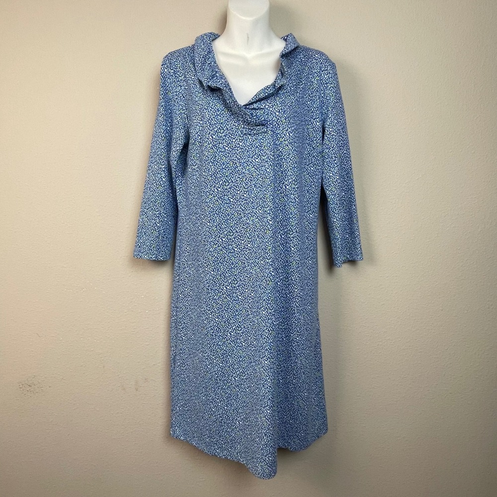J McLaughlin Catalina Cloth Women L Blue White Green Abstract Cowl Neck Dress